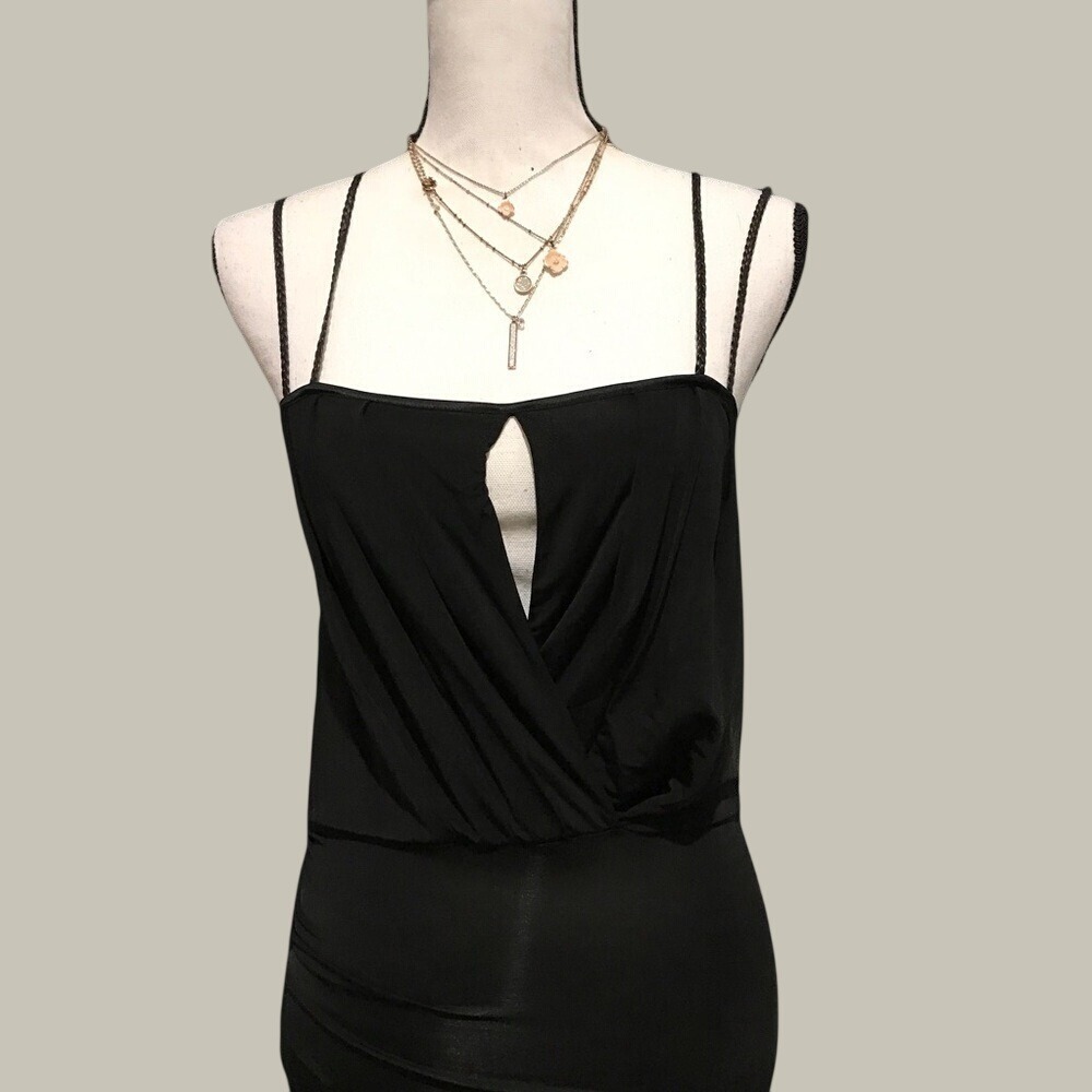 Bebe Black Siren Draped Ruched Side Spaghetti Strap Midi Dress Size S - Picture 3 of 9